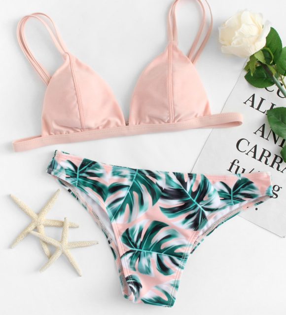 Palm Print Wrap Tie Back Bikini Set
